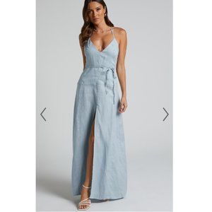 SHOWPO | Elmuya Linen Open Back Halter Blue Maxi Dress